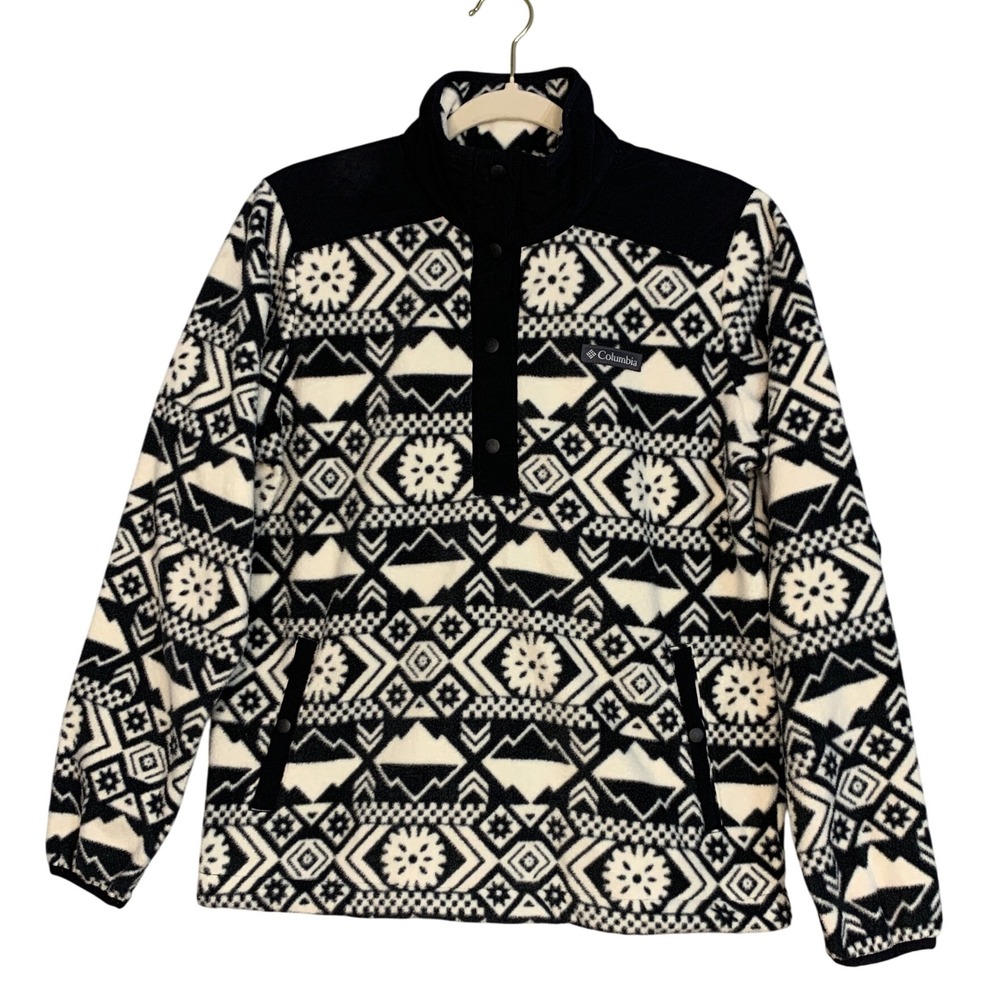 Columbia Women's Fleece Pullover Snap‎ Neck Geometric Print Black White Size M